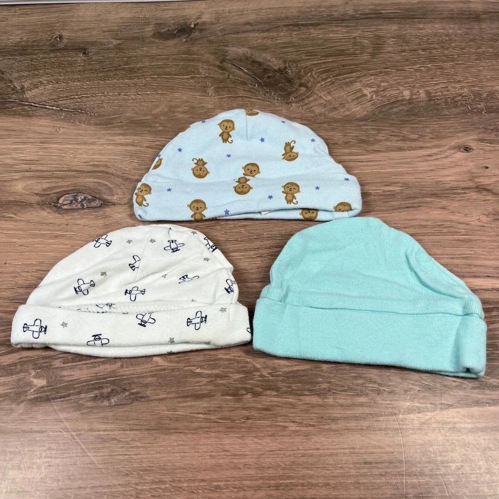 Carter's Luvable Friends Beanie Hat Baby NB 0-3M Blue White Monkey Airplane 3pk